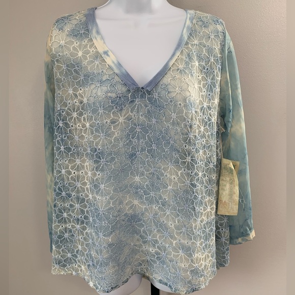 Aratta Silent Journey Tops - NWT Aratta Powder Blue Lace V-Neck Floral Overlay Silk Blouse